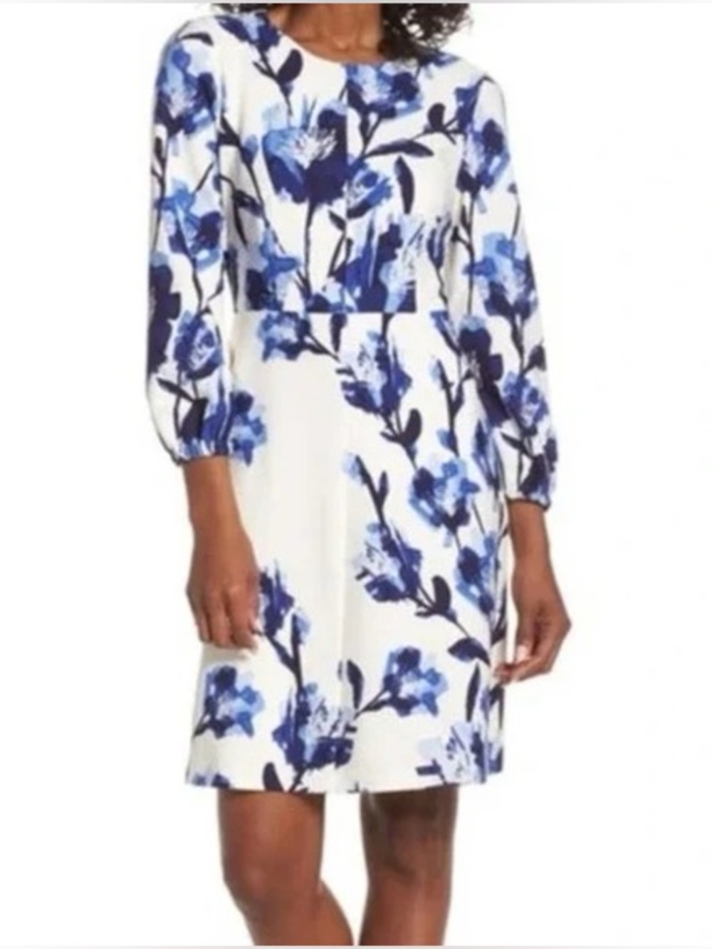 Eliza J White Dress with Blue Floral Print - Fit & Flare A-Line